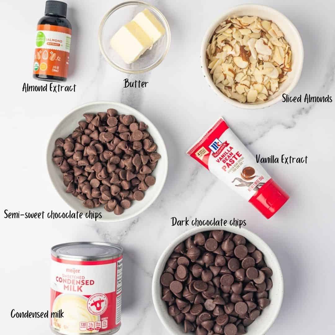 Ingredients for making dark chocolate almond fudge