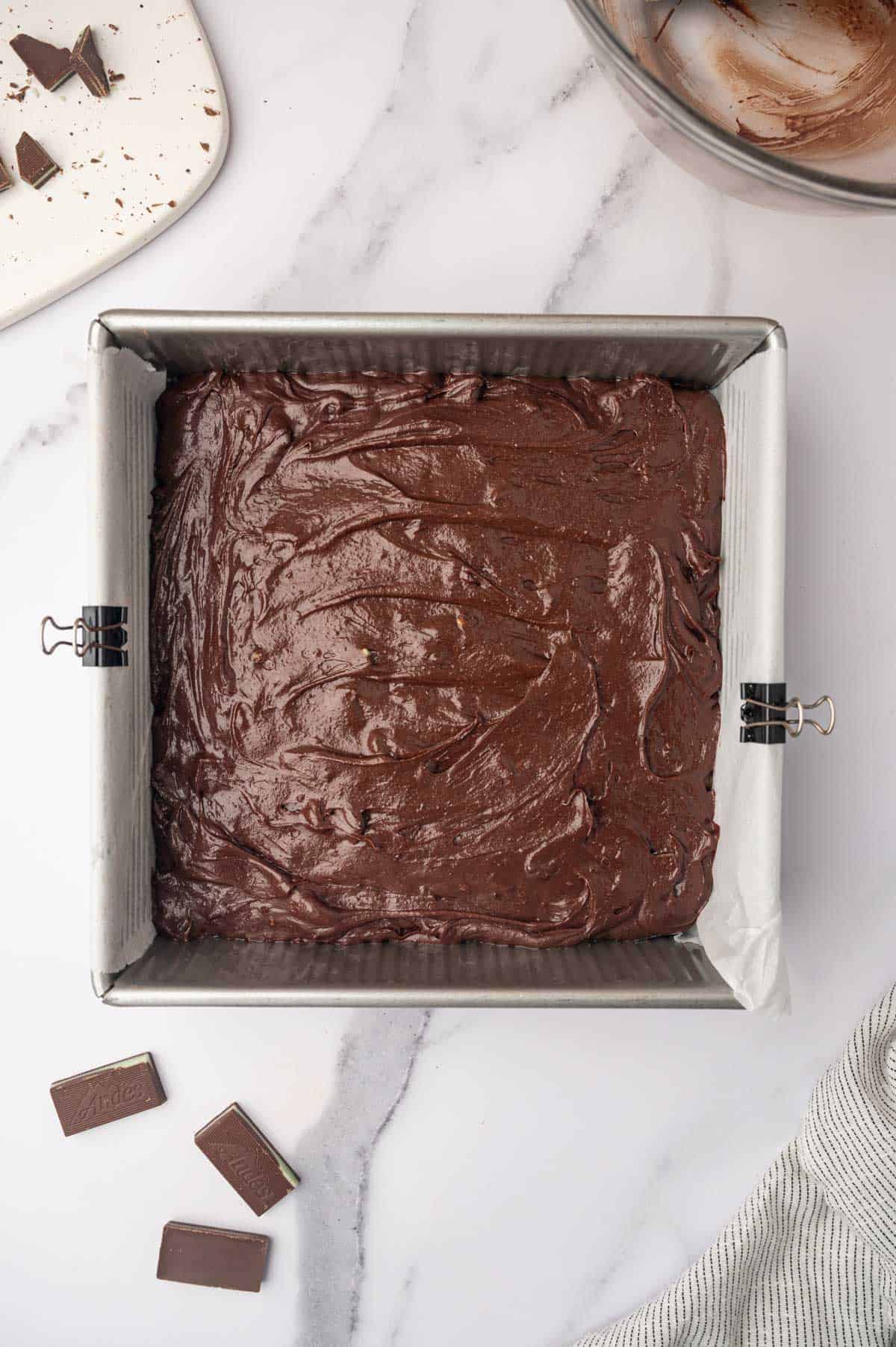 Andes Chocolate Mint Brownie batter in a square tin