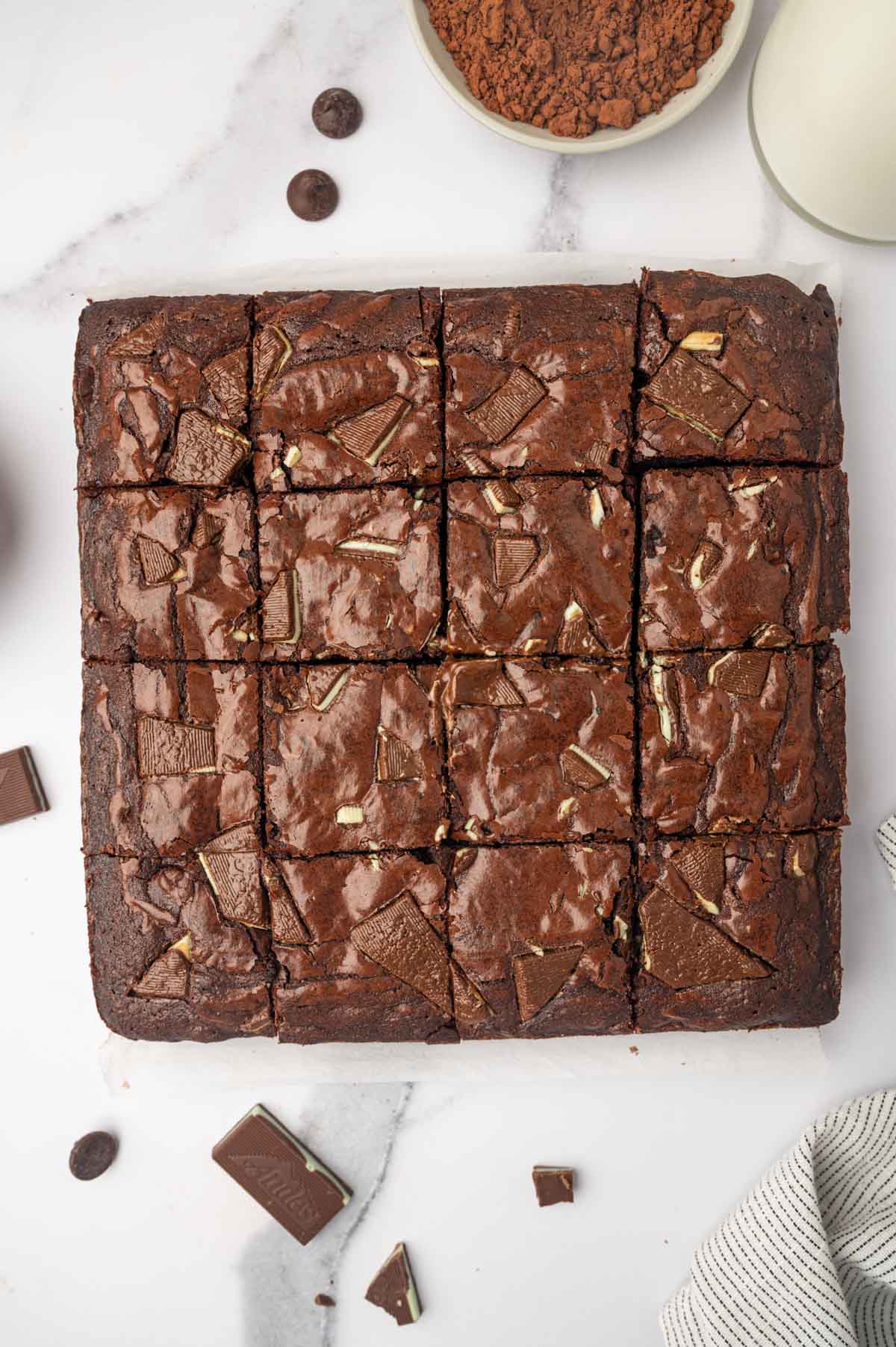 Andes Chocolate Mint Brownies flat lay shot after slicing.