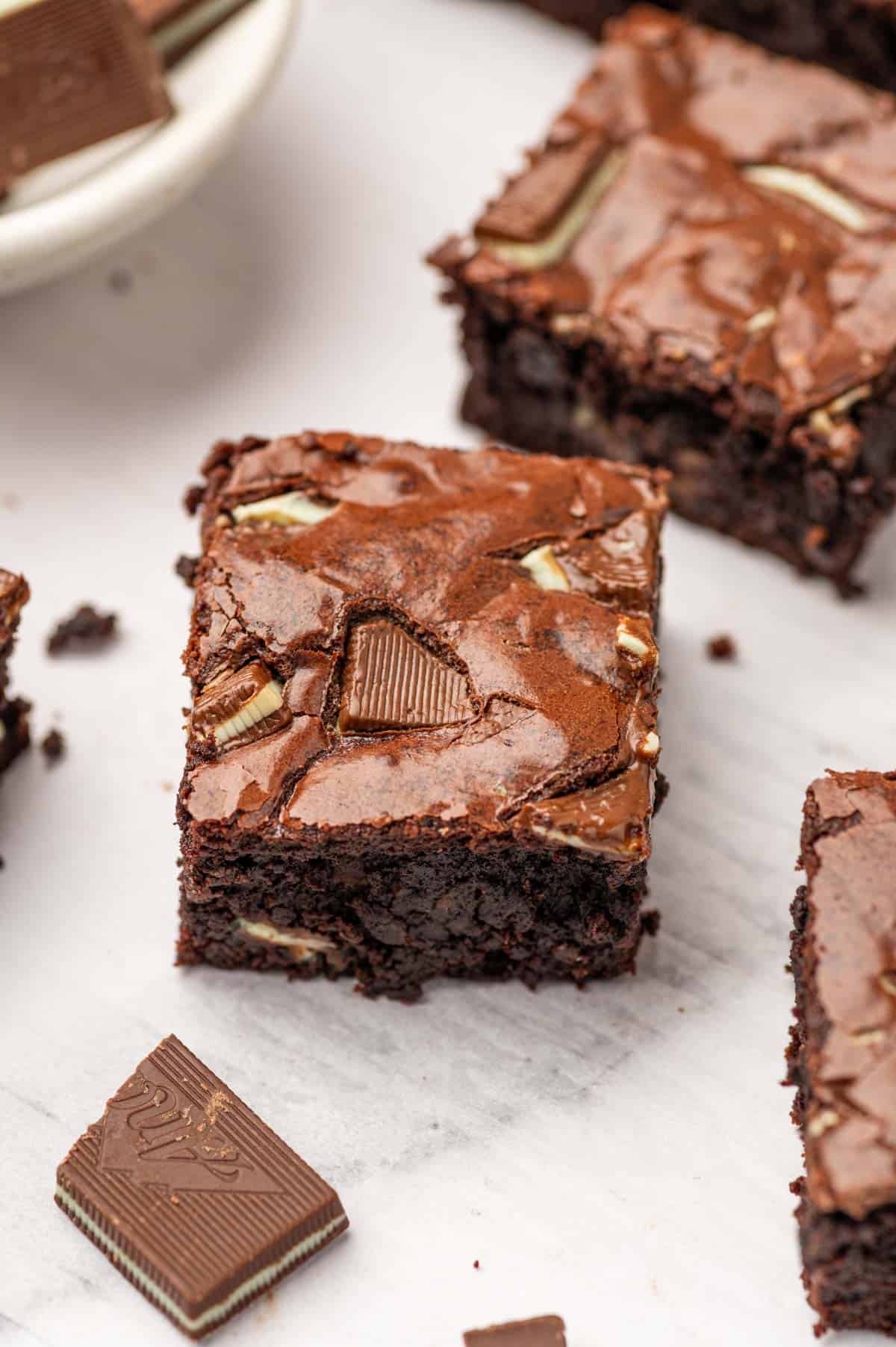 Shiny top mint chocolate brownies.