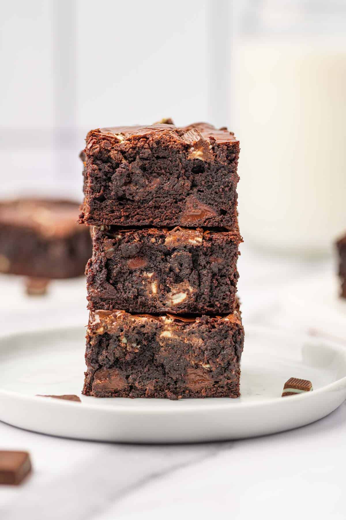 Stacked mint chocolate brownies shot.