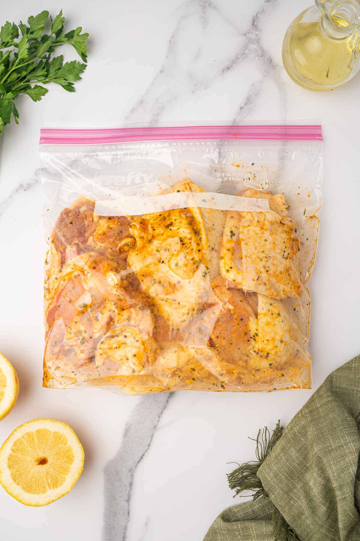 Chicken thigh marinade in a ziploc bag