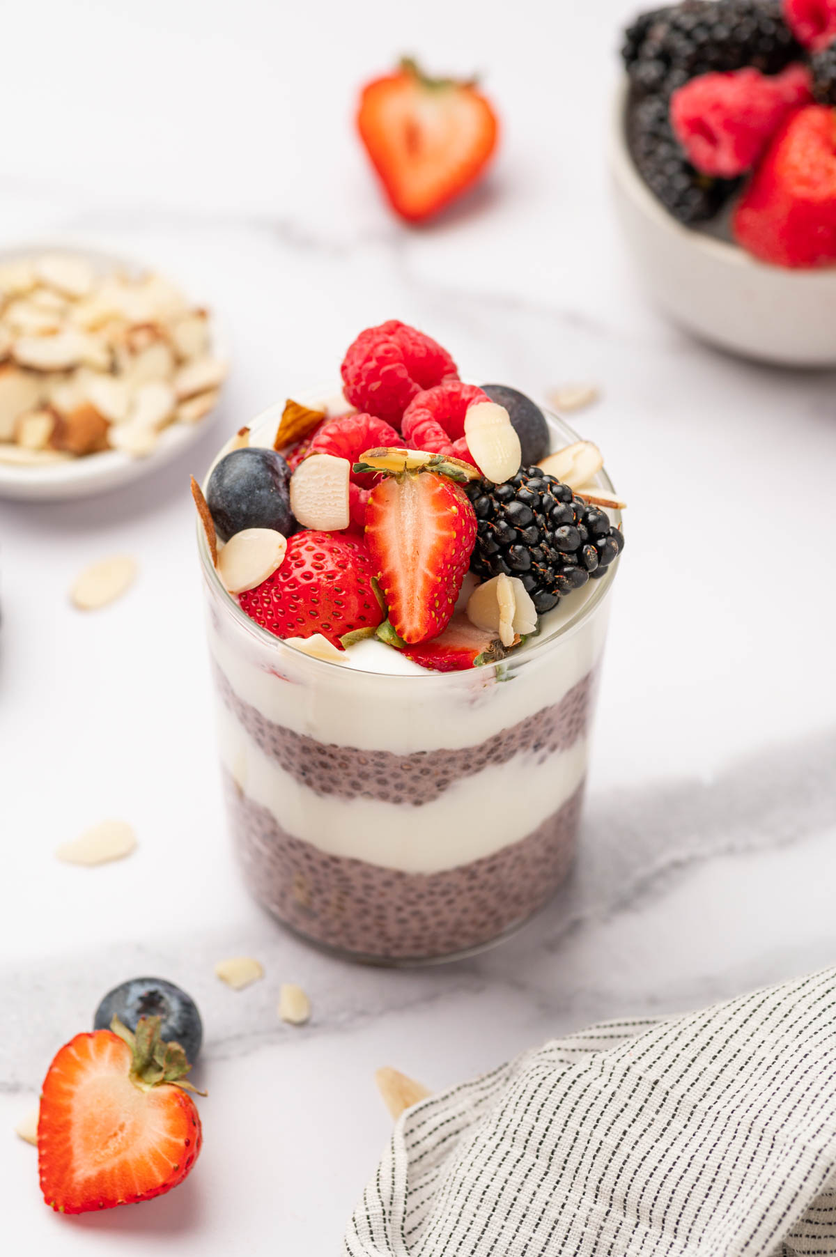 chia seed pudding garnished with mixed berries