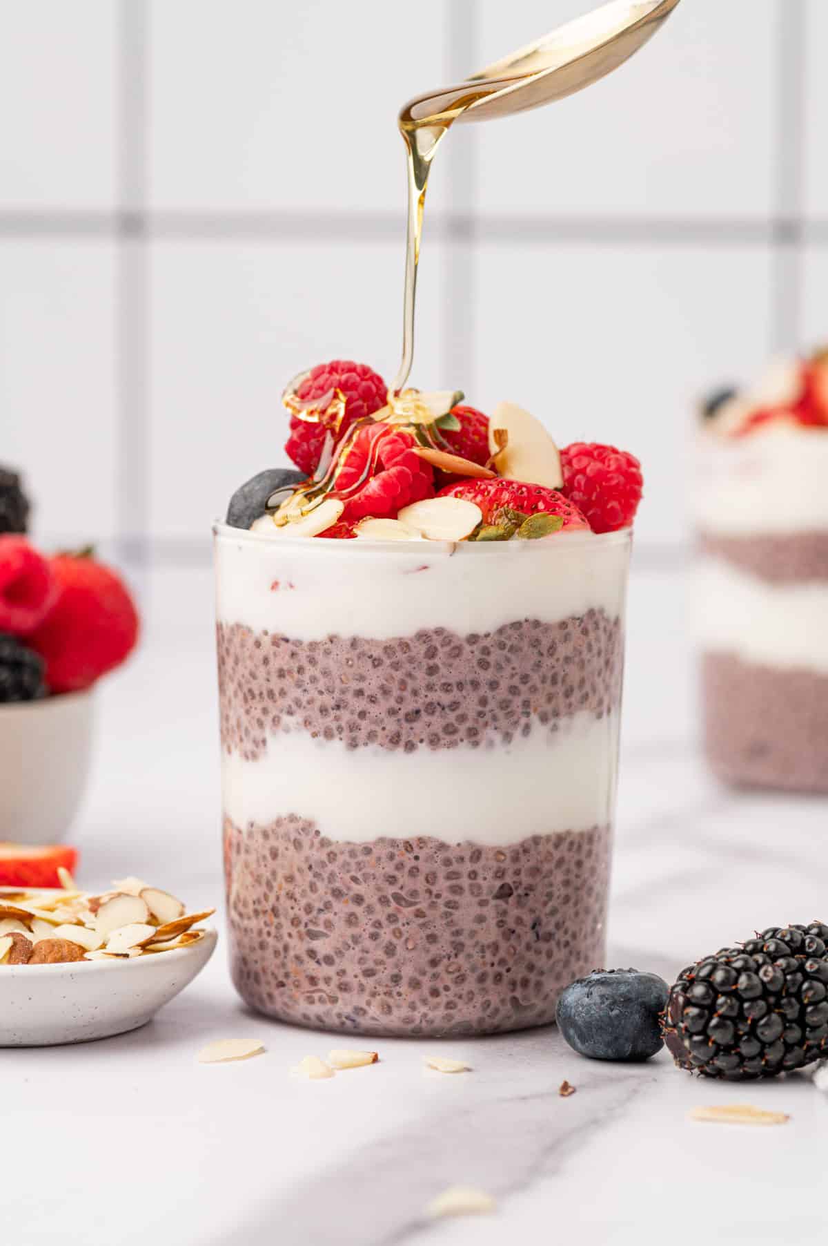 Honey drizzle on berry chia pudding