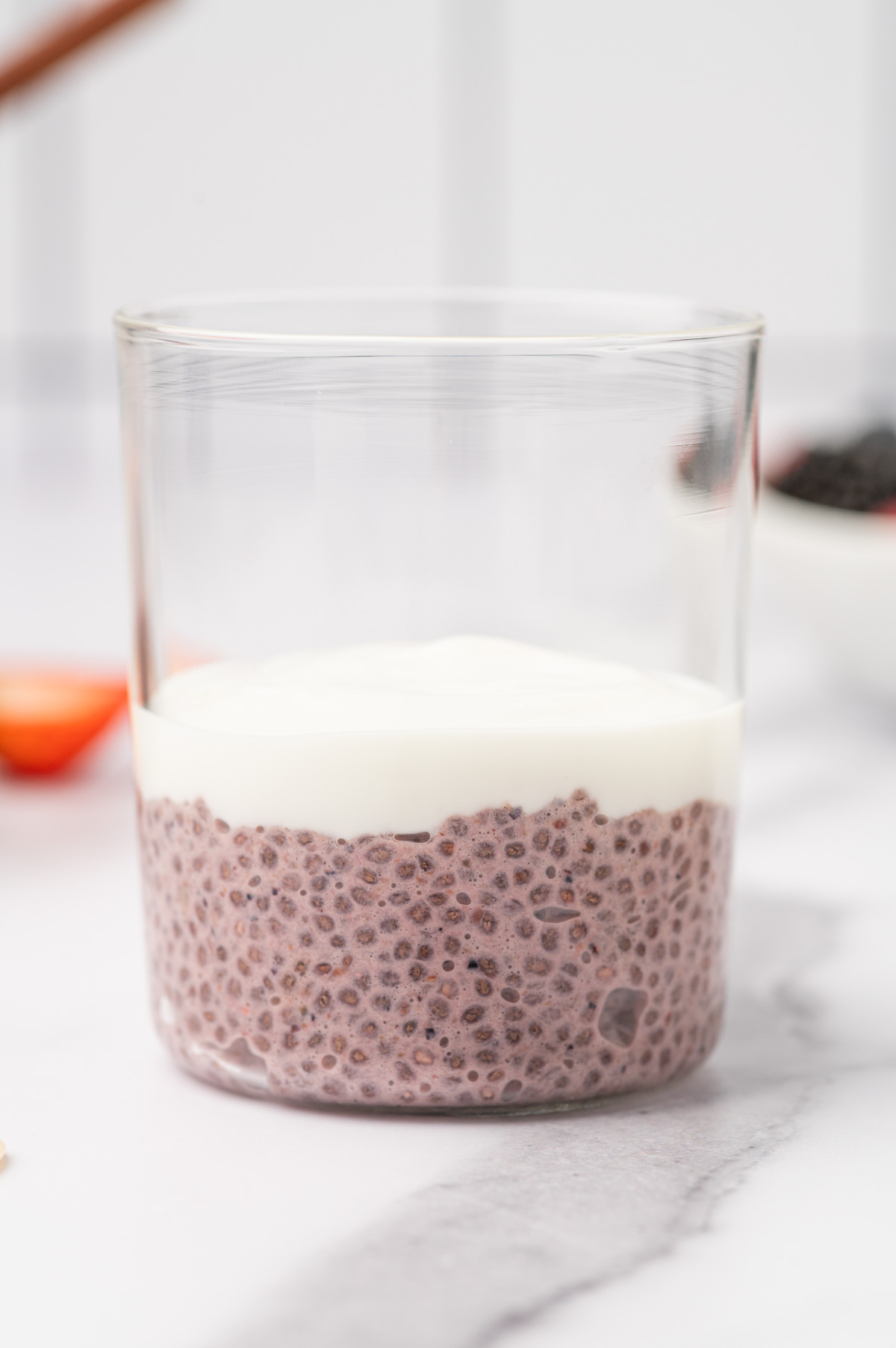 Greek yogurt layer and berry chia pudding layer