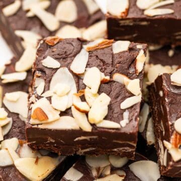 Close up shot of dark chocolate almond fudge