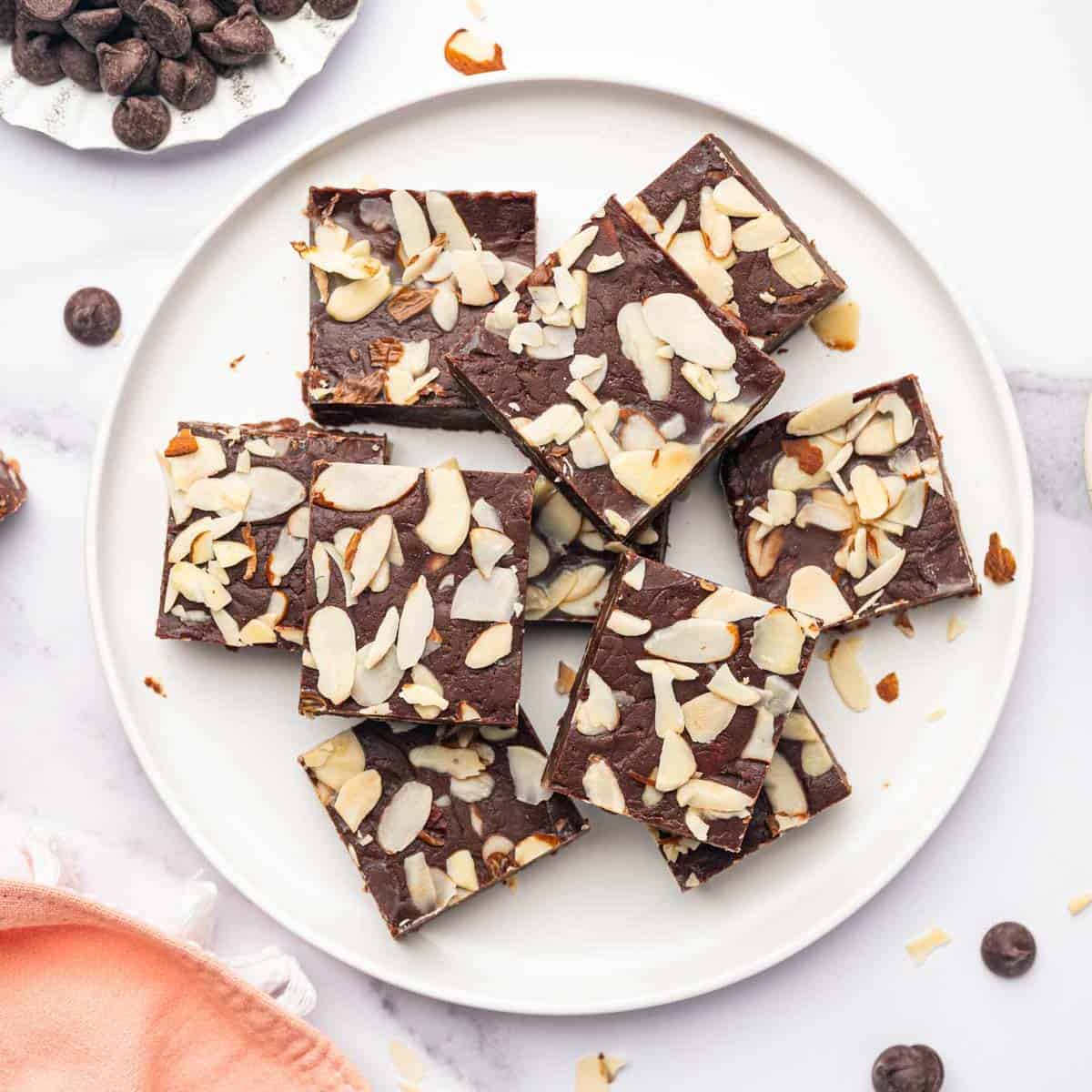 Flat lay image of Dark Chocolate Fudge with Almonds