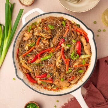 Glass noodles stir fry in a skillet