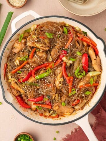 Glass noodles stir fry in a skillet