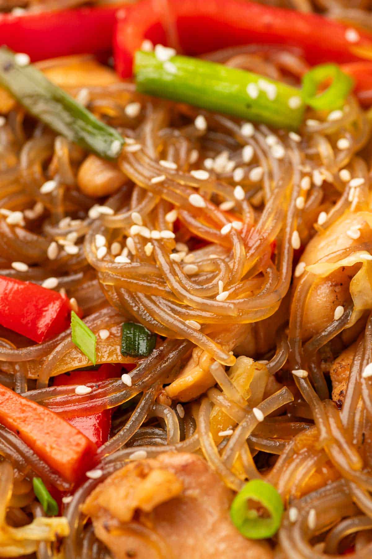 Close up shot of stir fry glass noodles