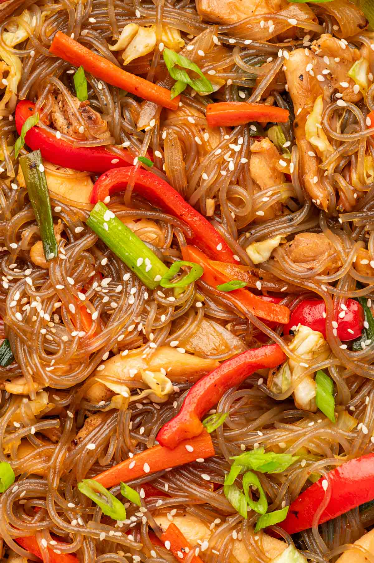 Close up shot of glass noodles stir fry