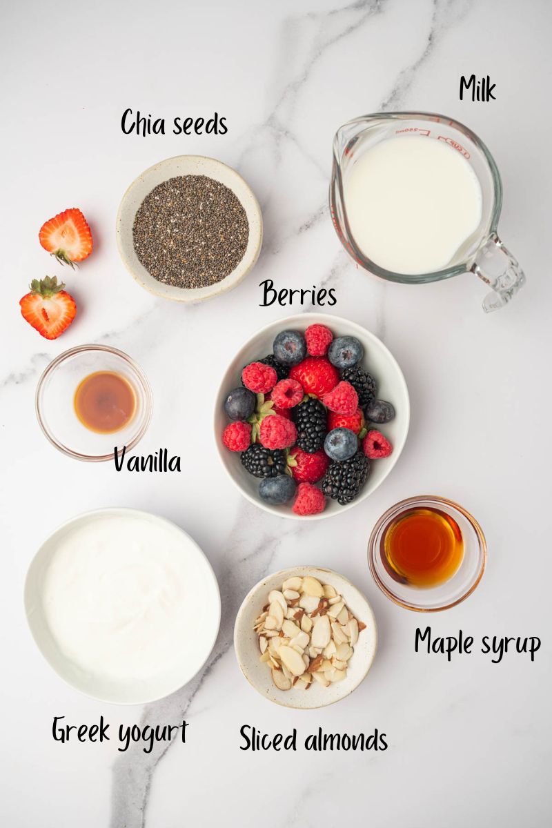 Ingredients for berry chia seed pudding