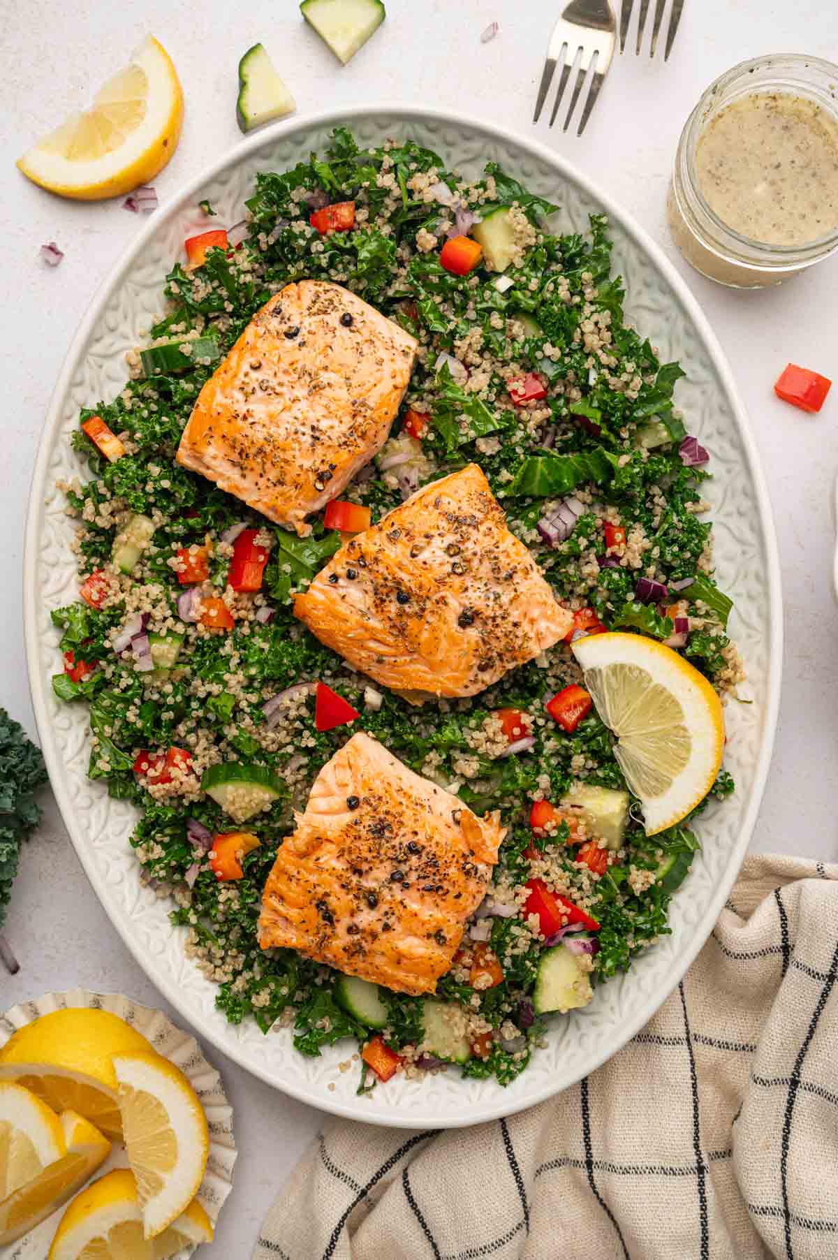 Salmon arranged in a platter for Salmon Kale Quinoa Salad