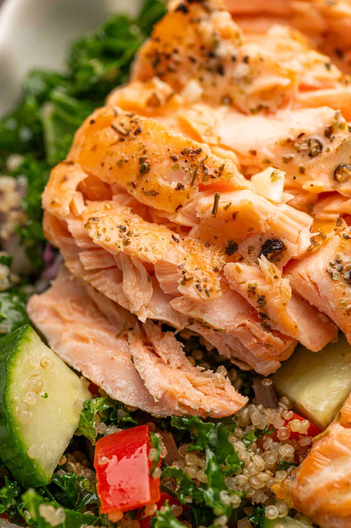 flaky salmon in Salmon Kale Quinoa Salad