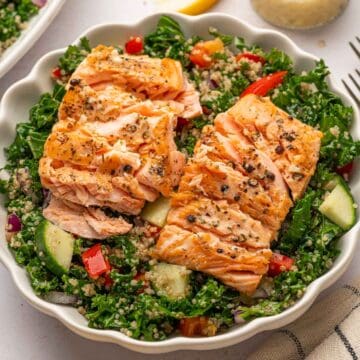 In a bowl salmon kale quinoa salad