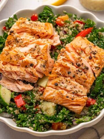 In a bowl salmon kale quinoa salad