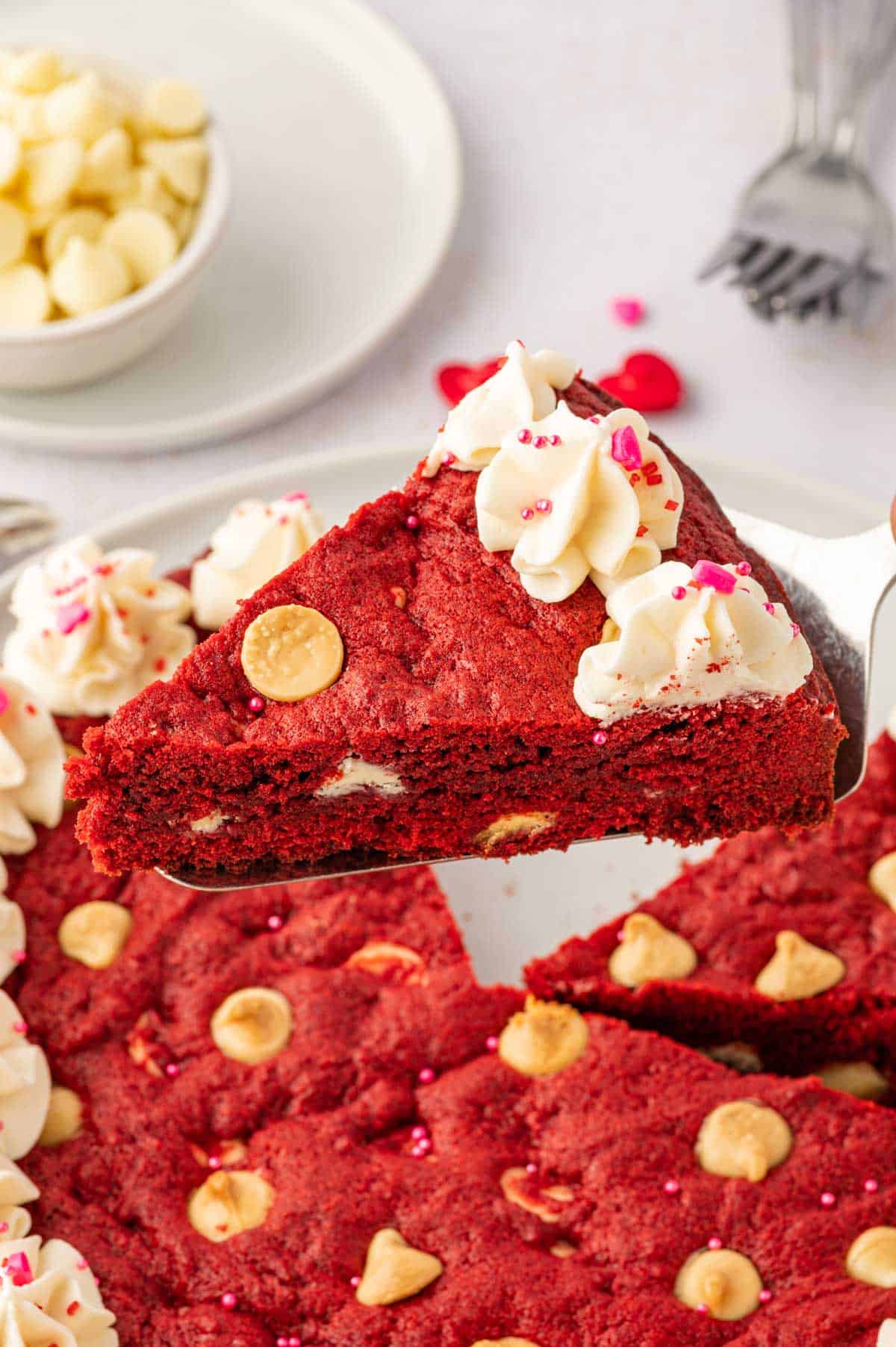 Slice of valentines cookie cake red velvet