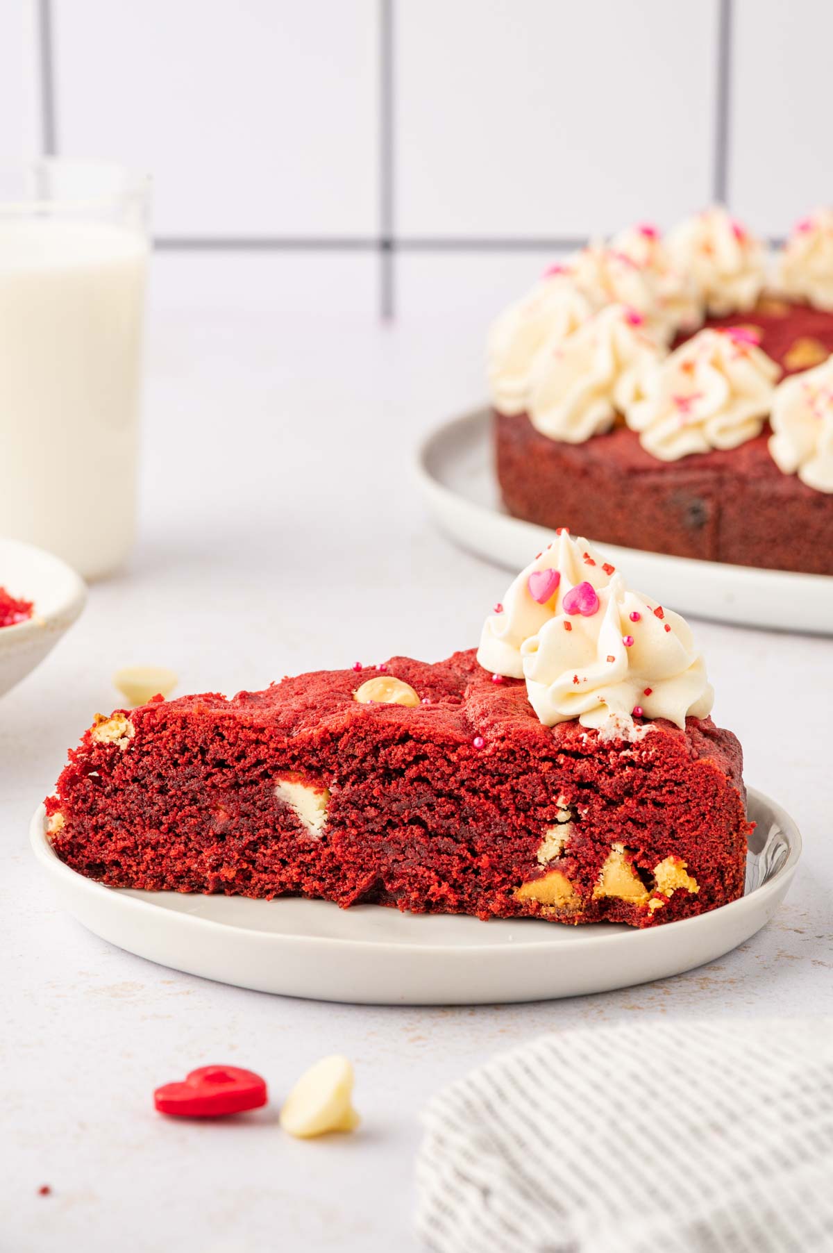 A piece of valentines red velvet cookie cake