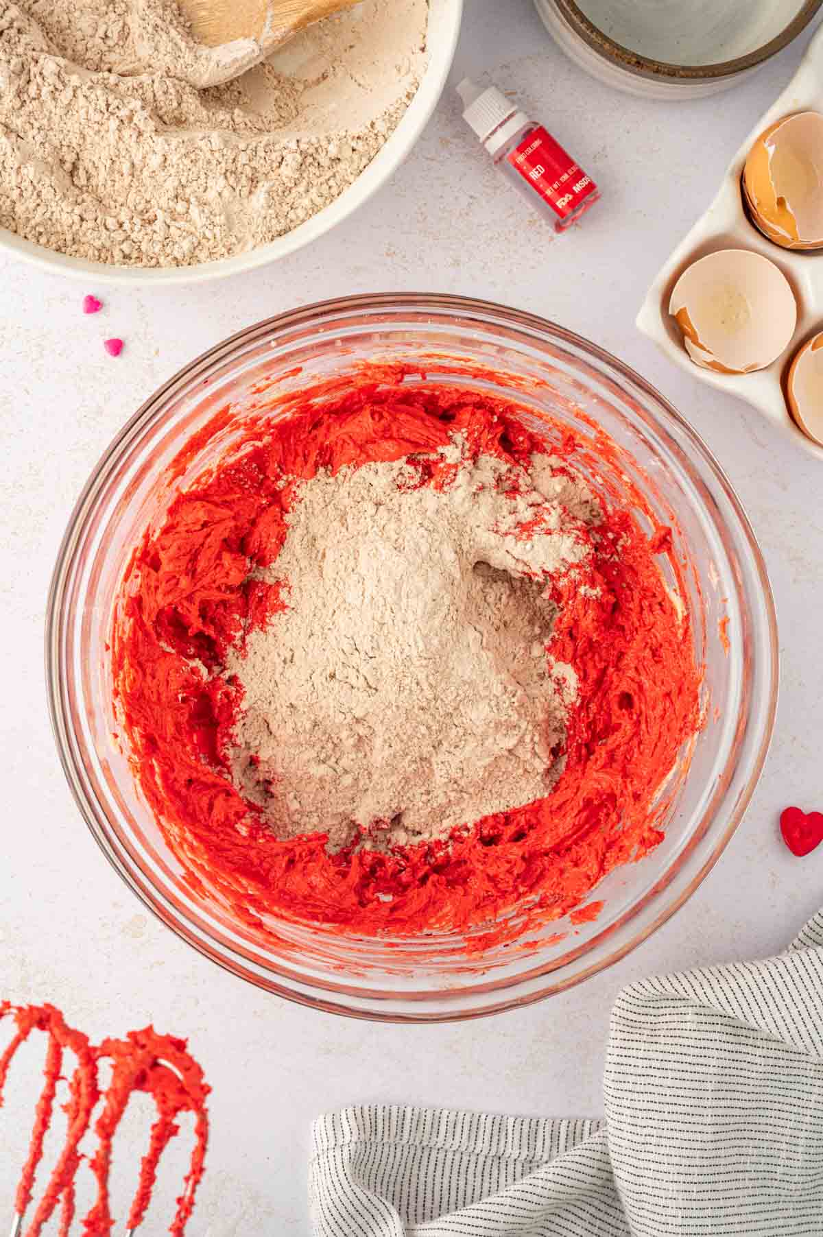 Combine wet and dry for red velvet cookie cake