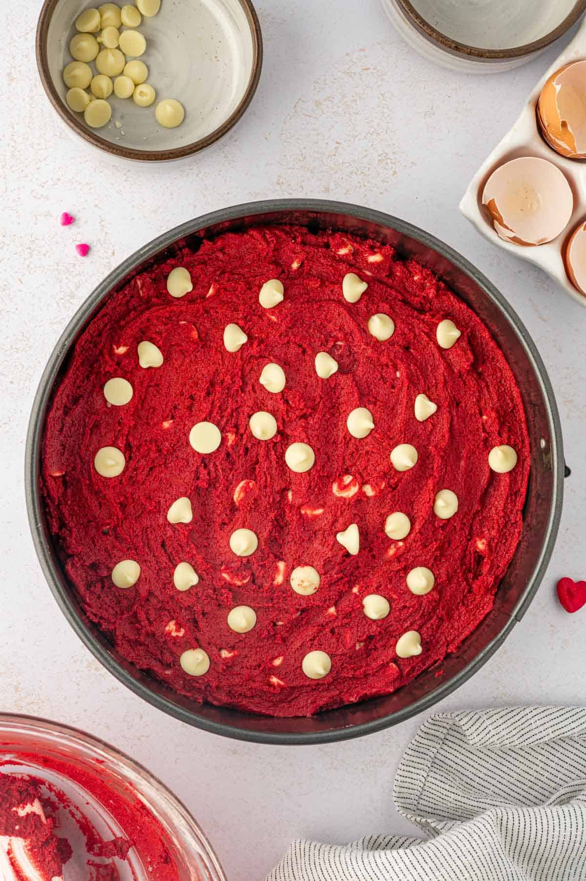 transfer valentines cookie cake batter to the round pan