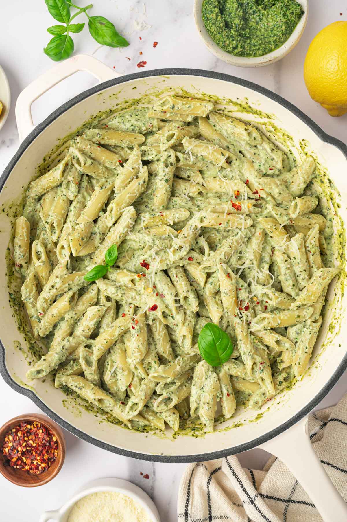 Easy Pesto Ricotta Pasta in a white skillet