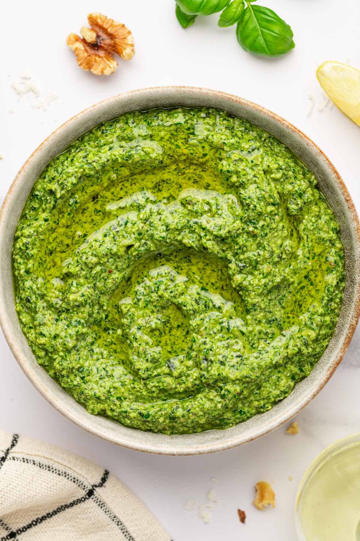 Pesto without pine nuts in a bowl