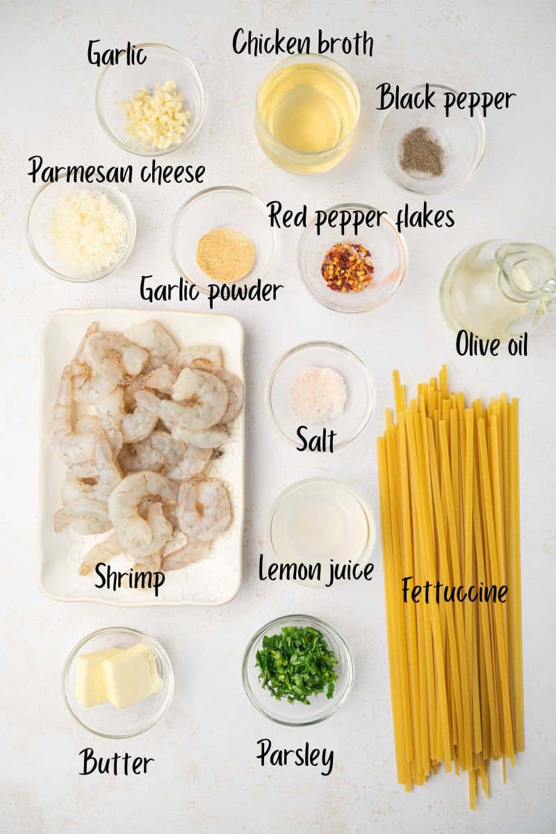 Shrimp scampi fettuccine ingredients  in the marble backdrop