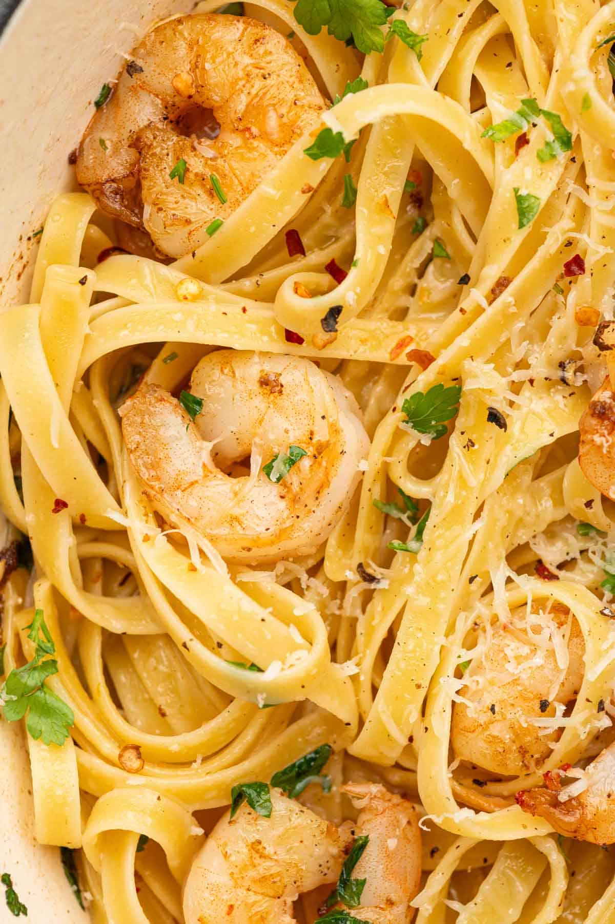 CLose up shot of shrimp scampi fettuccine