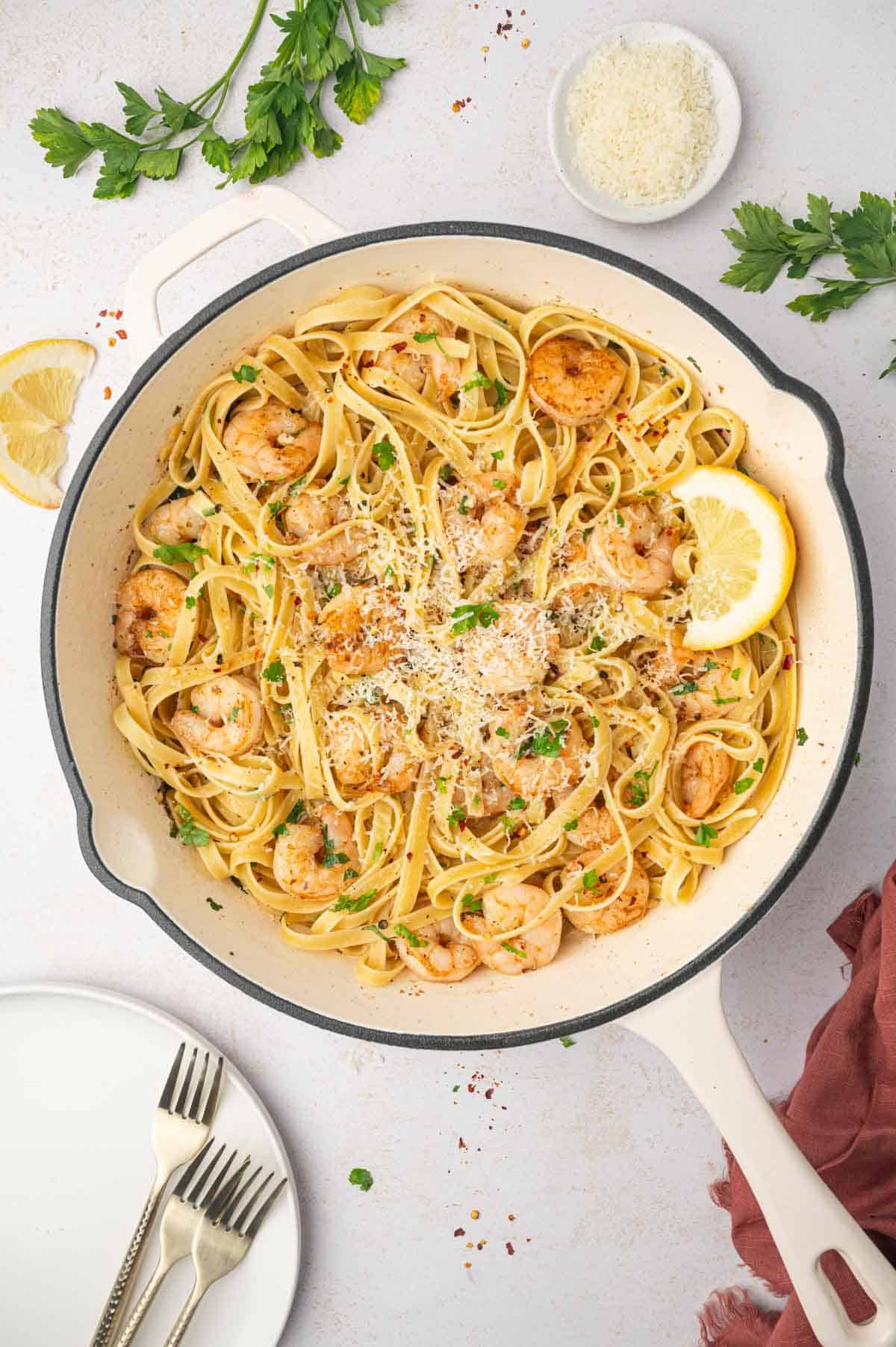 Easy shrimp scampi fettuccine in a large skillet