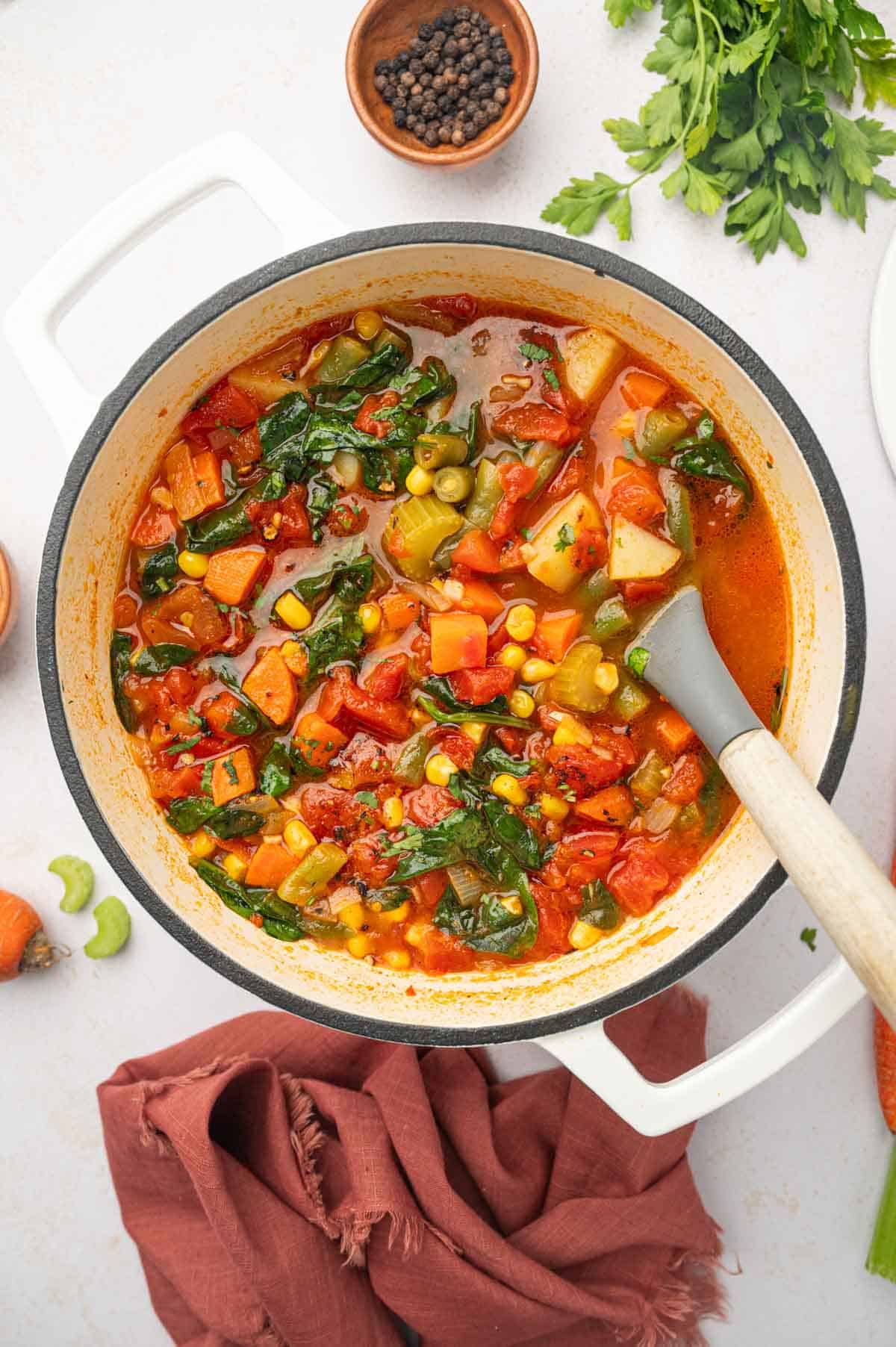 Spicy vegetable soup in a dutch ove with a soup ladle