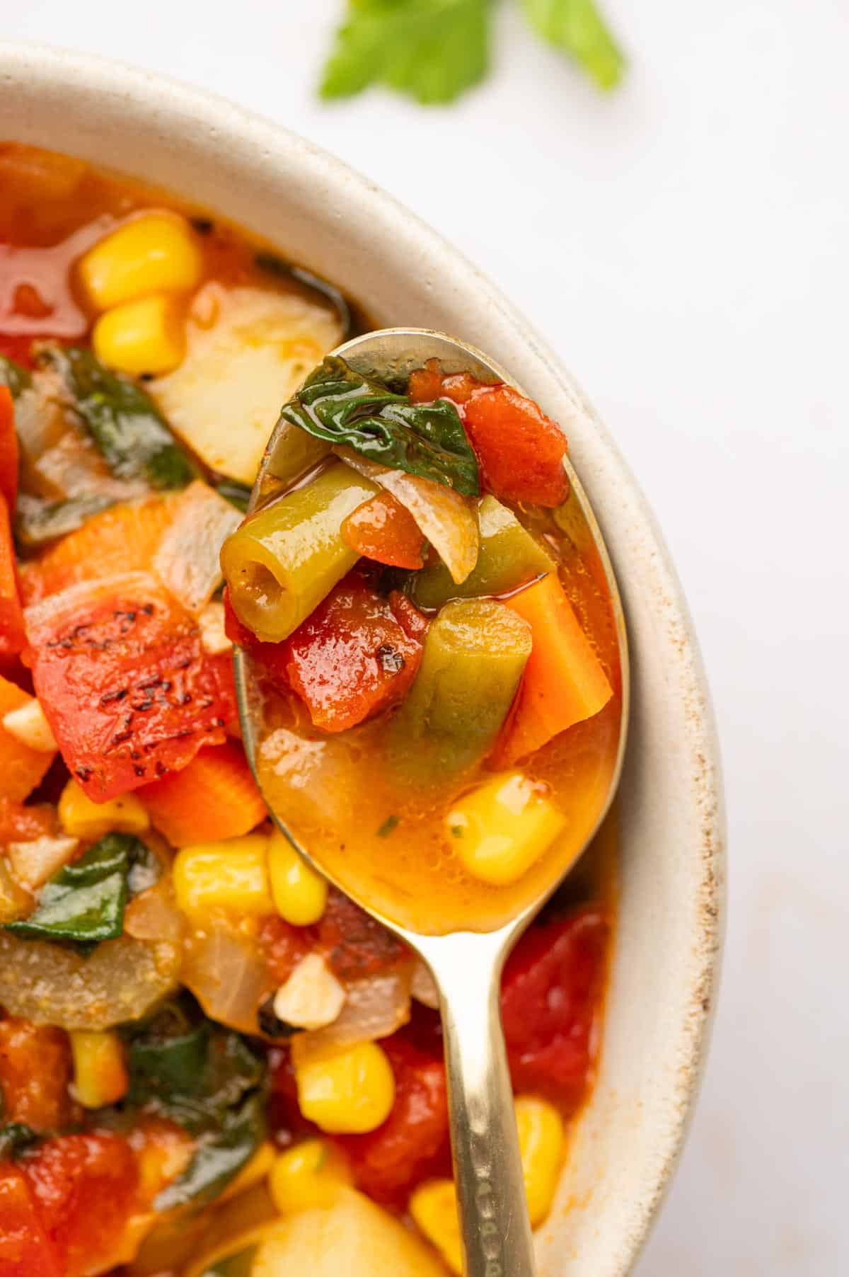 spicy vegetable soup in a spoon