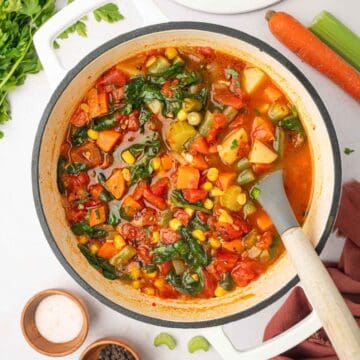 Easy spicy vegetable soup feature shot in dutch oven