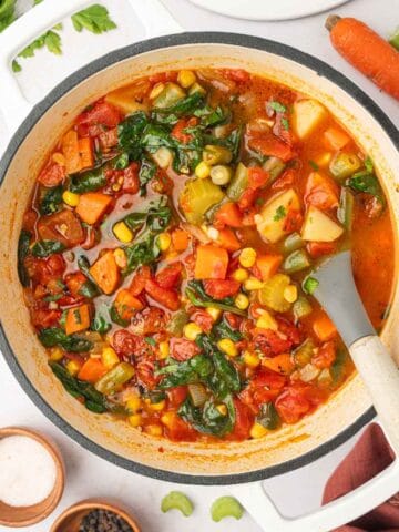 Easy spicy vegetable soup feature shot in dutch oven