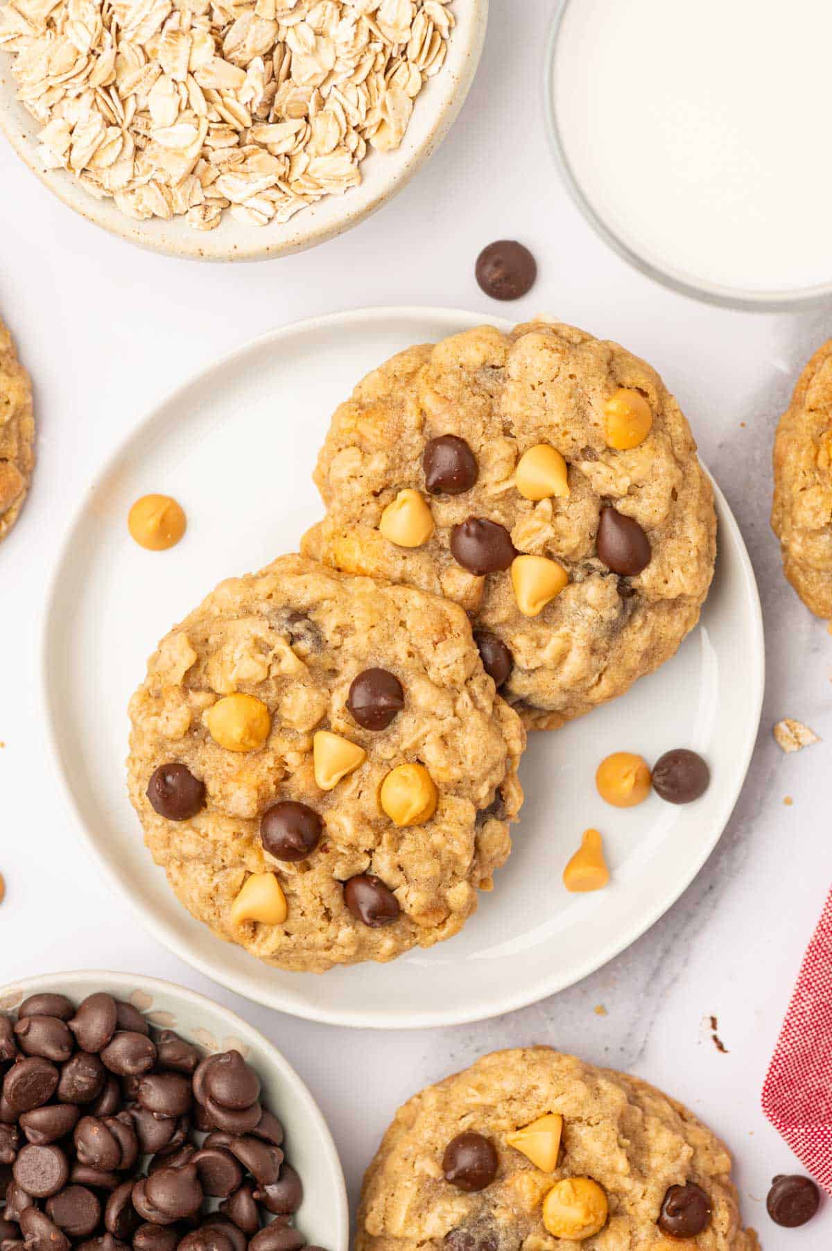 Butterscotch chocolate chip oatmeal cookies in a white plate