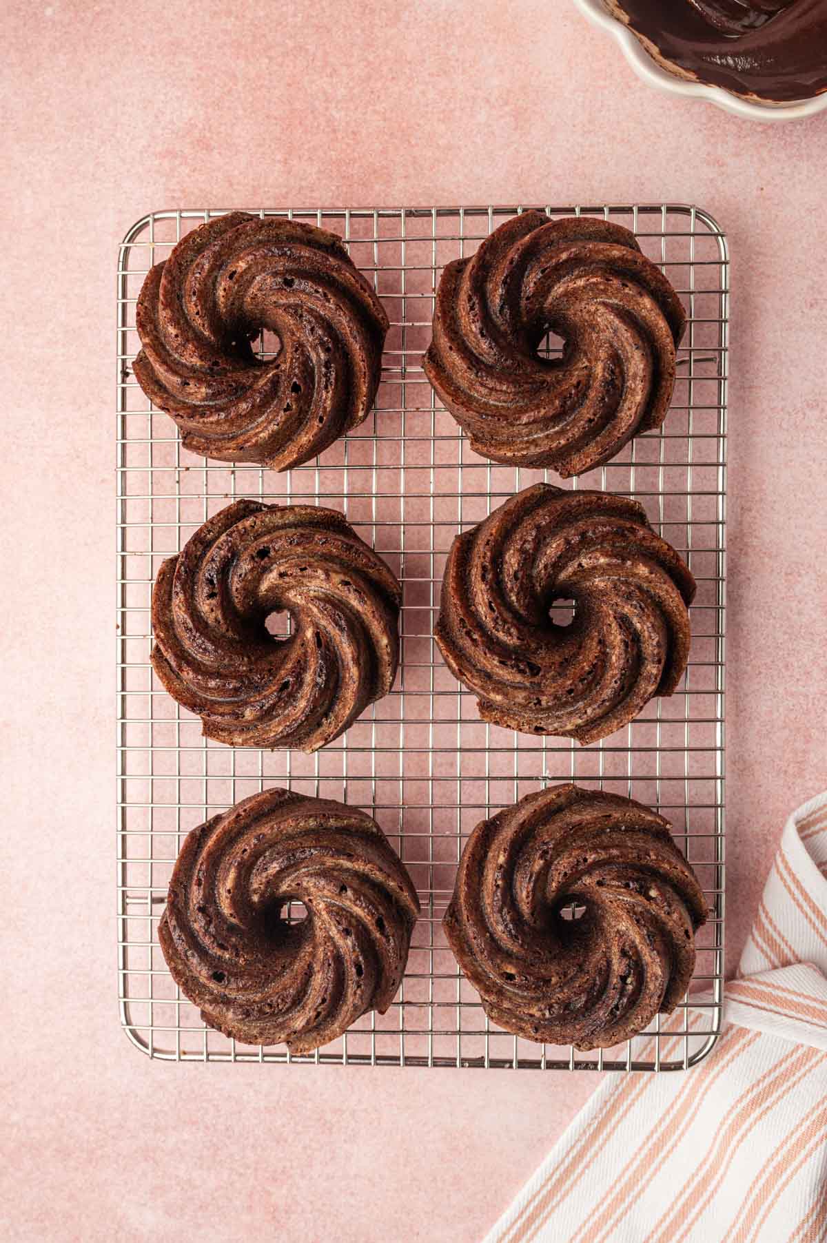 Baked mini chocolate bundt cakes.