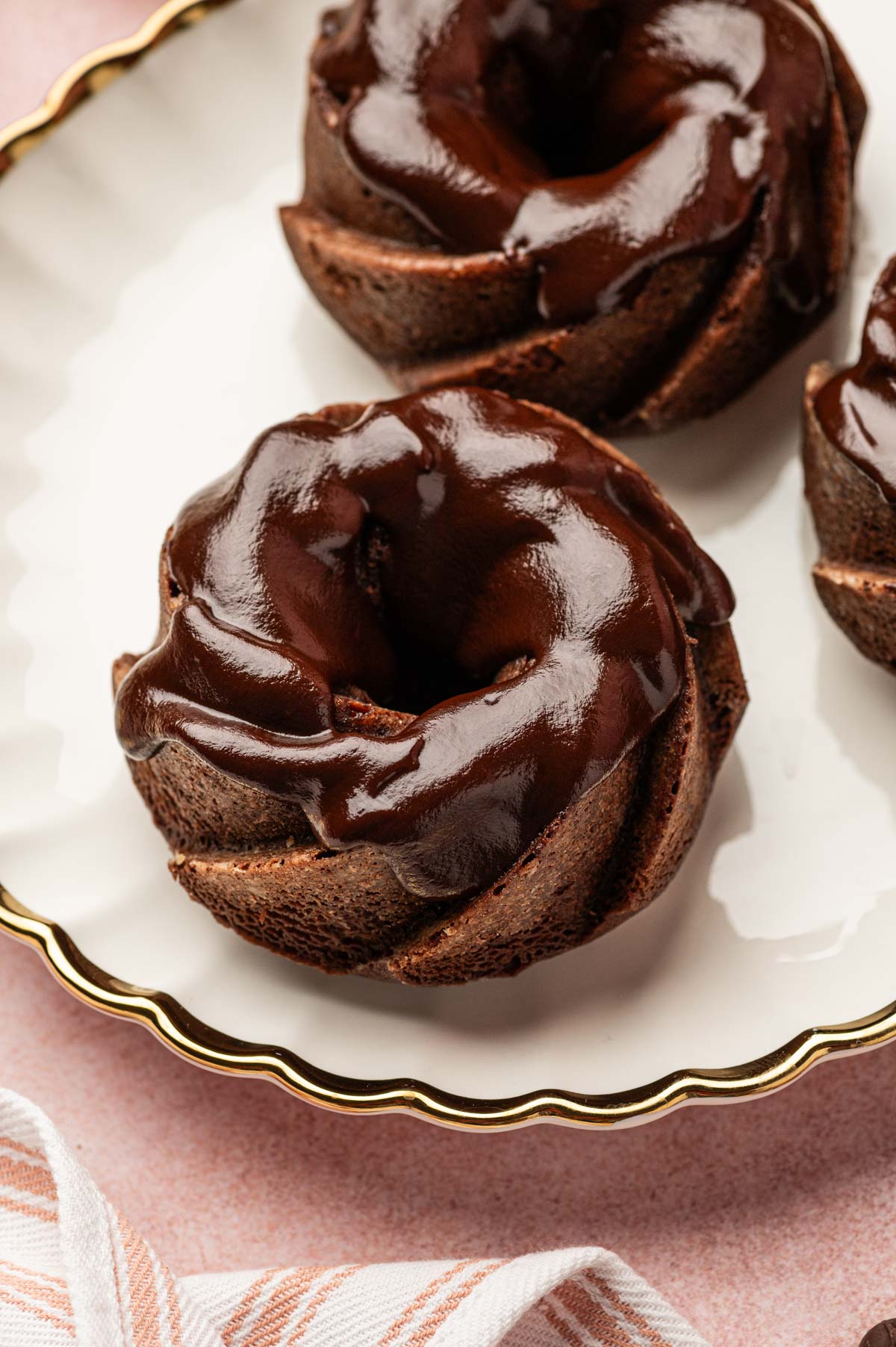 Mini chocolate bundt cake with ganache.