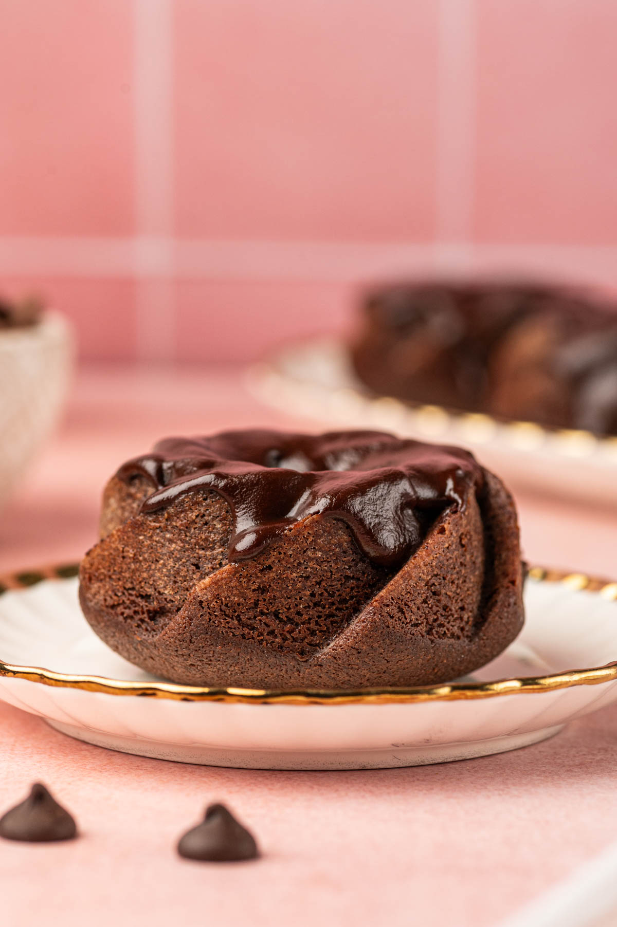 Mini chocolate bundt cake in a plate.