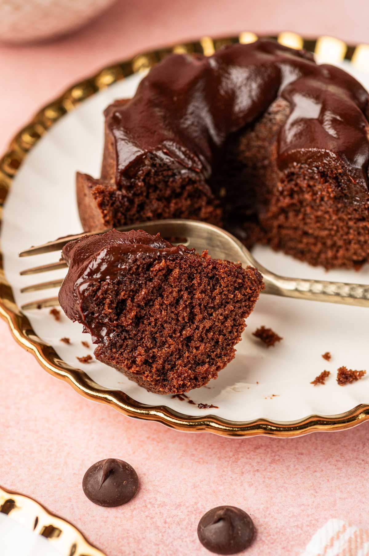 Fork cut the mini chocolate bundt cake.