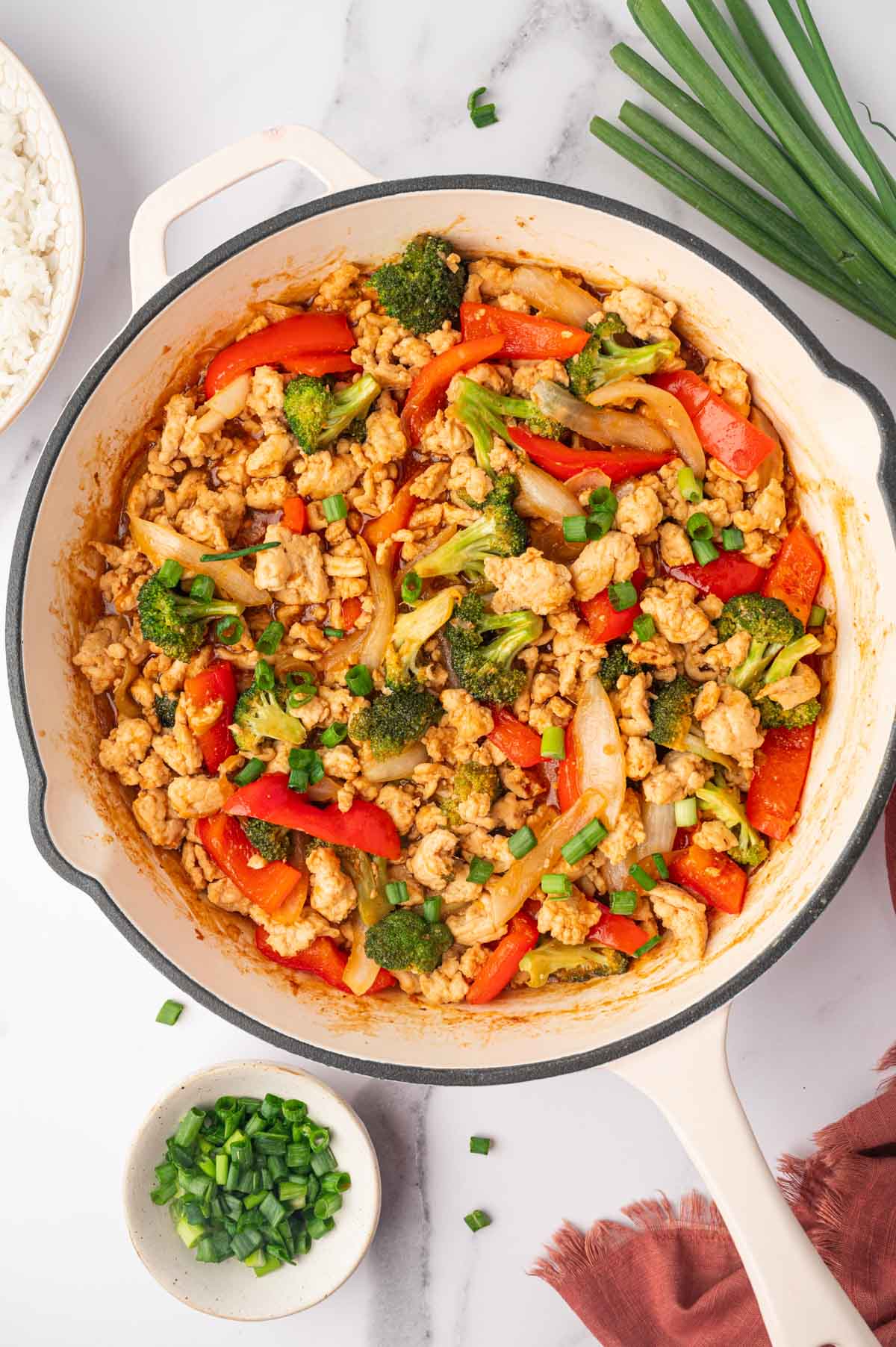 Ground Chicken Stir Fry In a white skillet