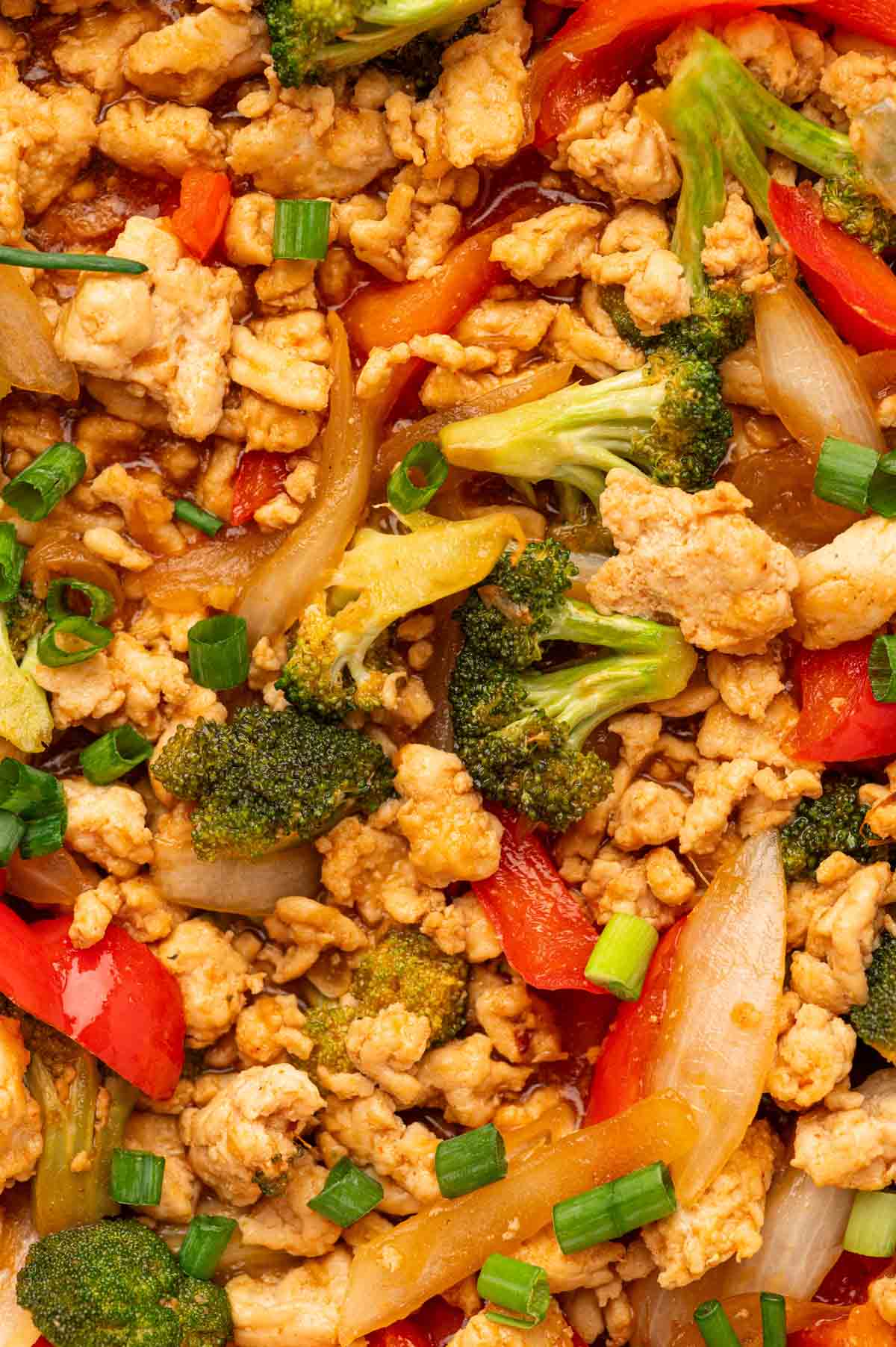 Close up shot of grouns chicken stir fry.