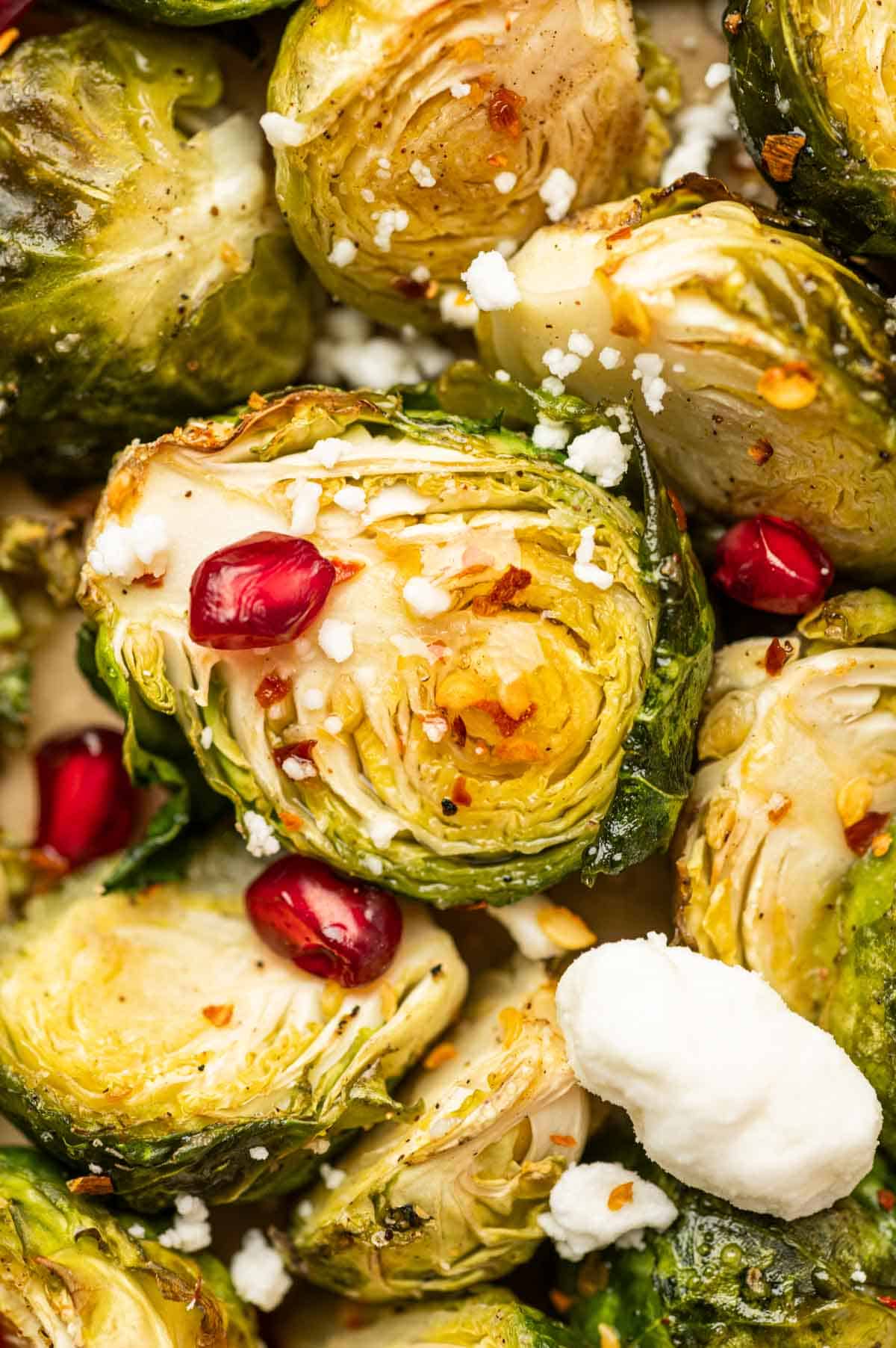 Close up shot of hot honey brussel sprouts