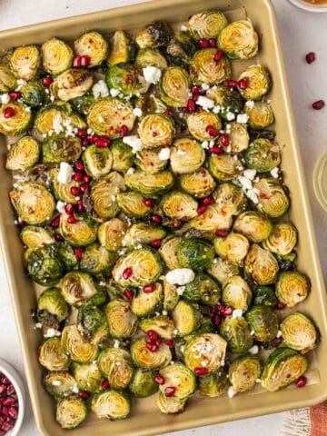 Hot honey Brussels sprouts in a baking tray