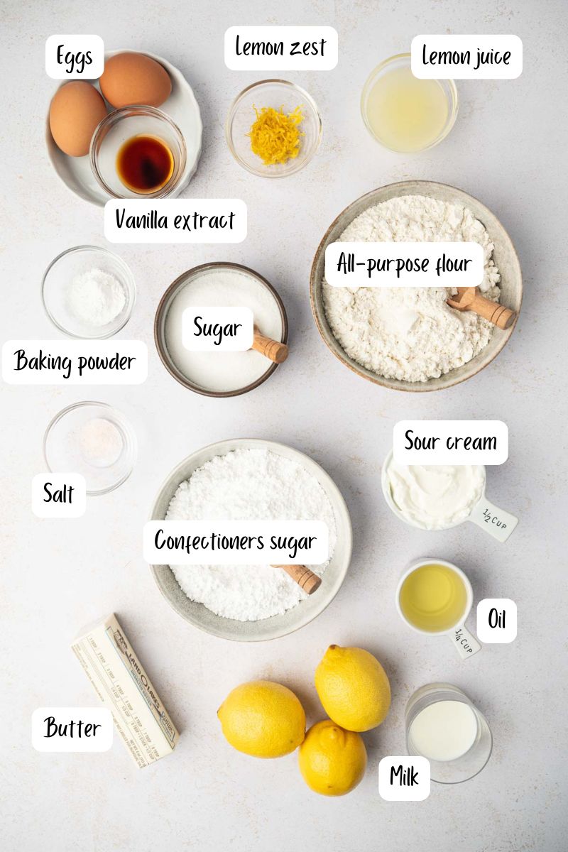 Ingredients laid out for mini lemon bundt cakes.