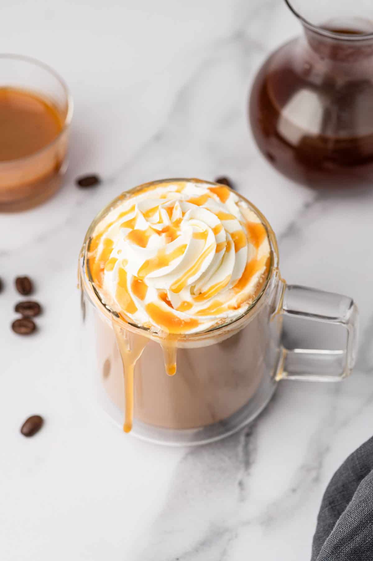 Salted caramel latte coffee with whipped cream.