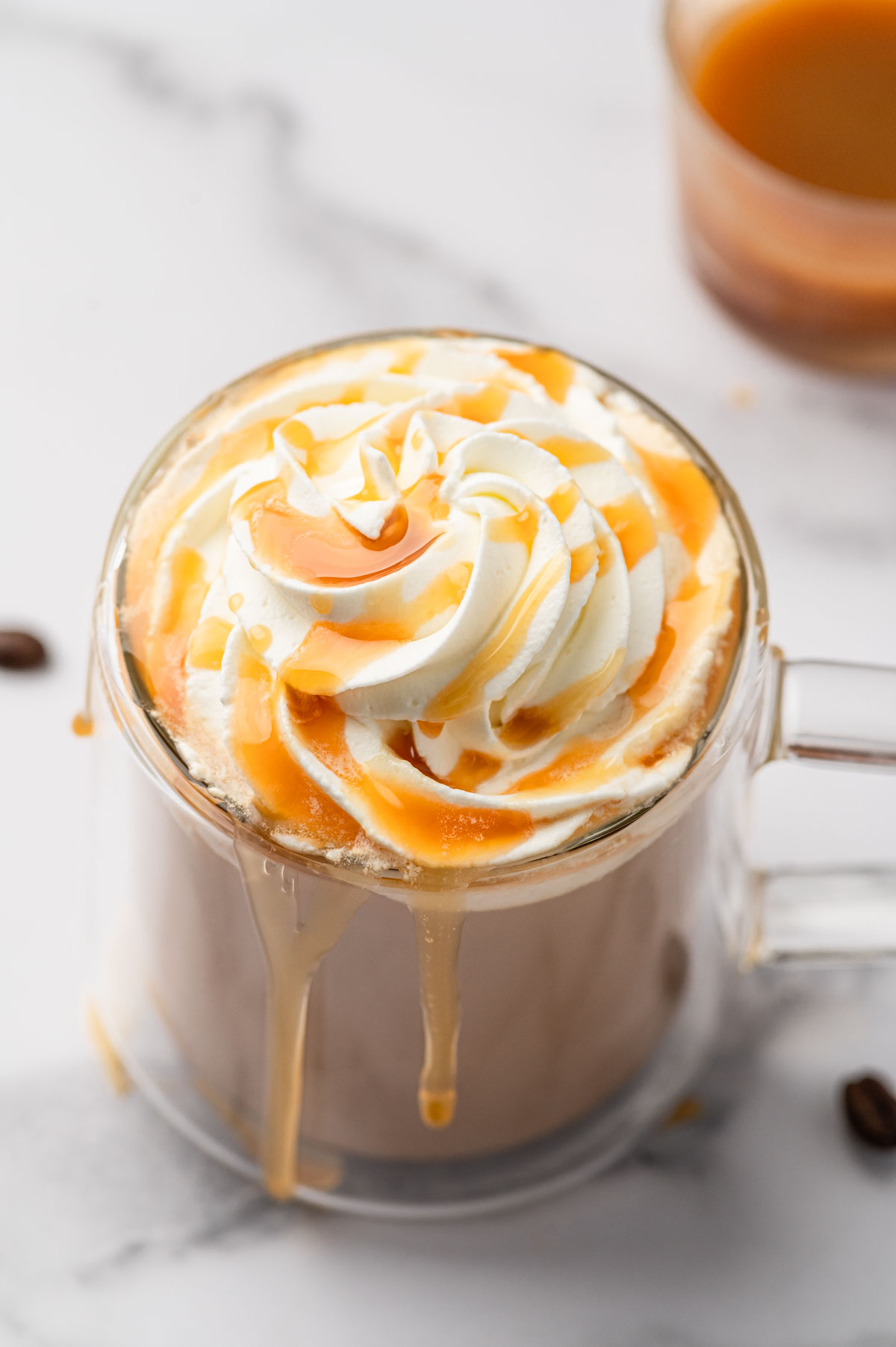 Close up shot of salted caramel latte.