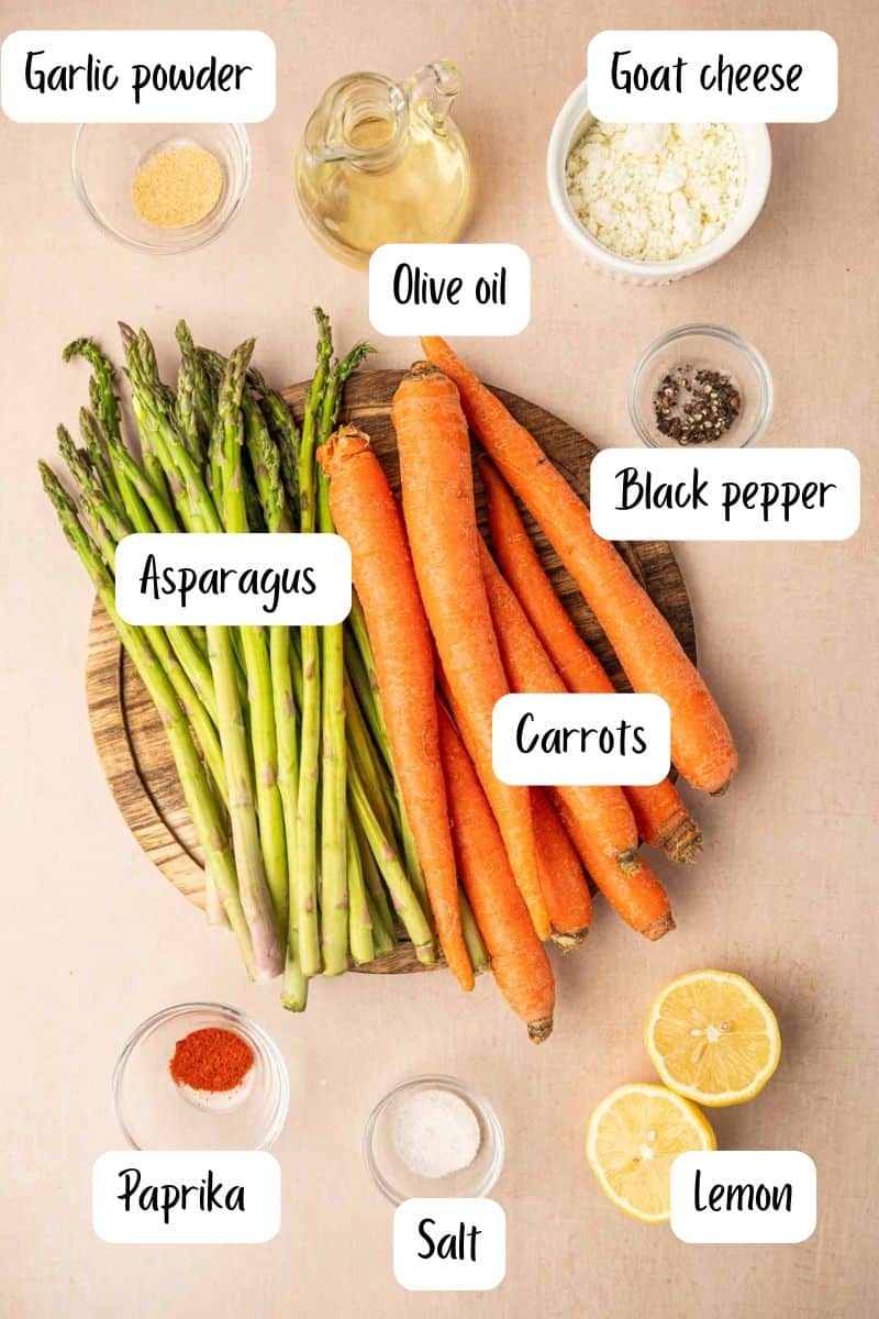 Ingredients laid out for roasting asparagus and carrots.