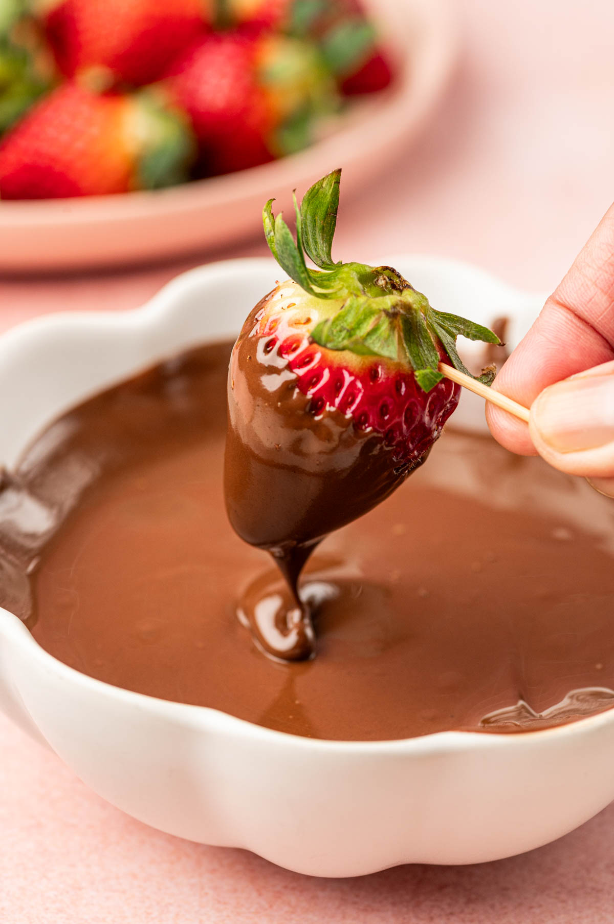 Strawberry dipped in the nutella chocolate mixture.