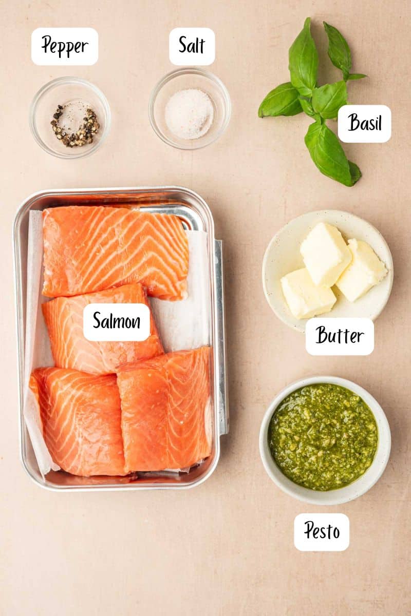 Pesto Butter Salmon Recipe Ingredients laid out.