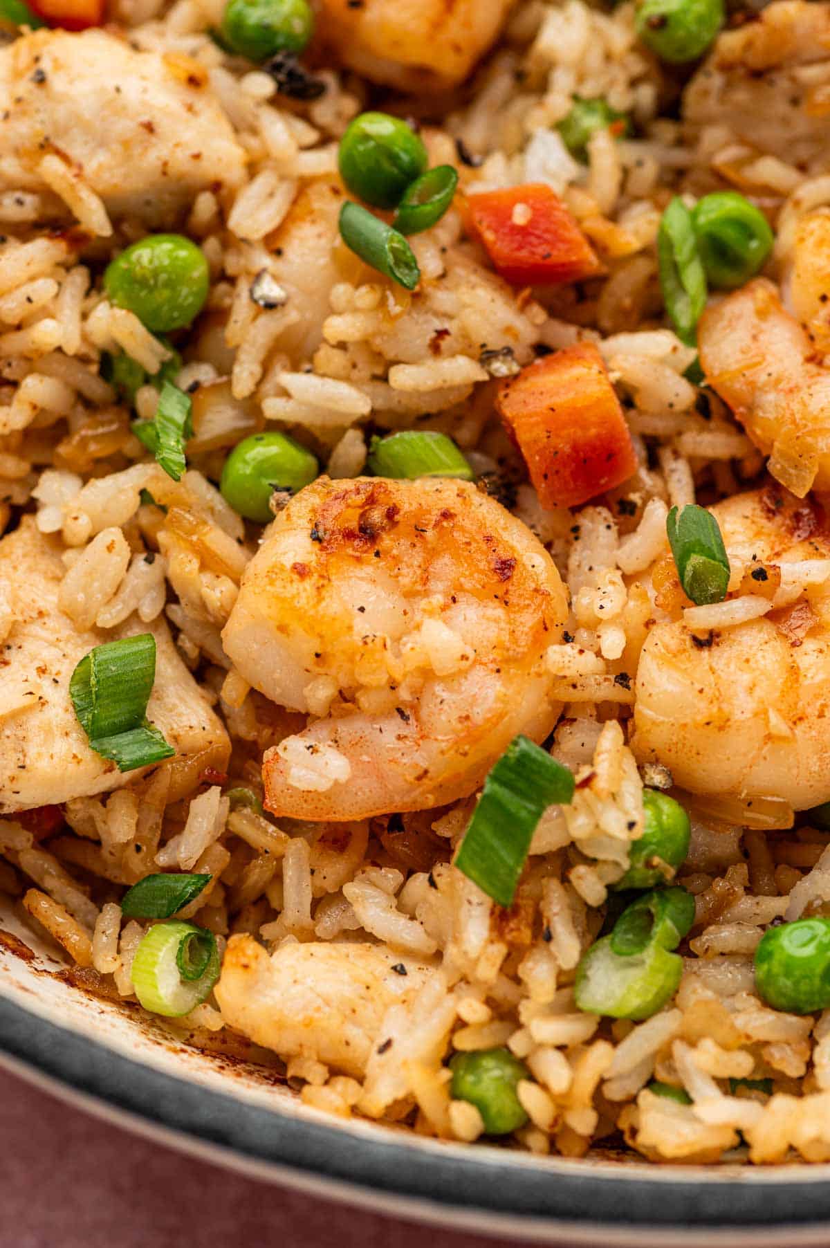 CLose up shot of Chicken and shrimp fried rice recipe.