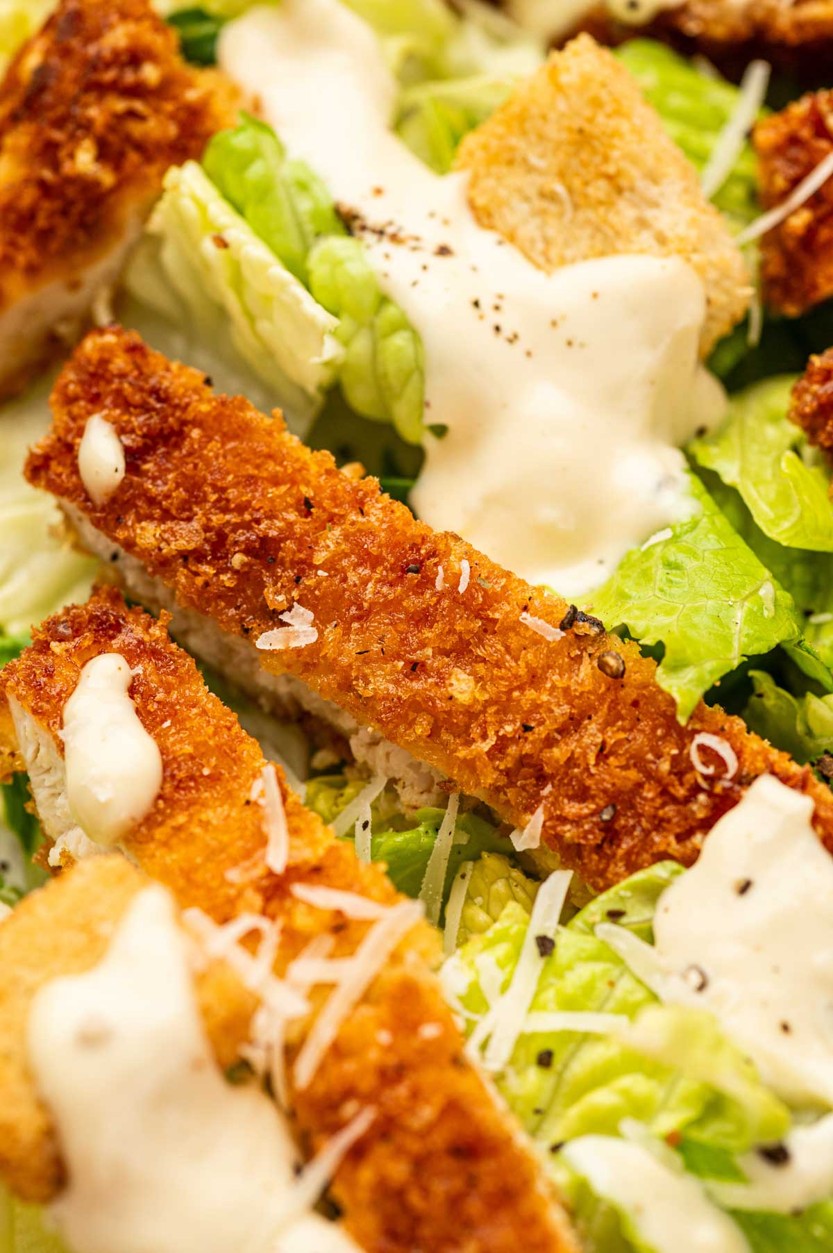 Close up shot for crispy chicken and the caesar salad.